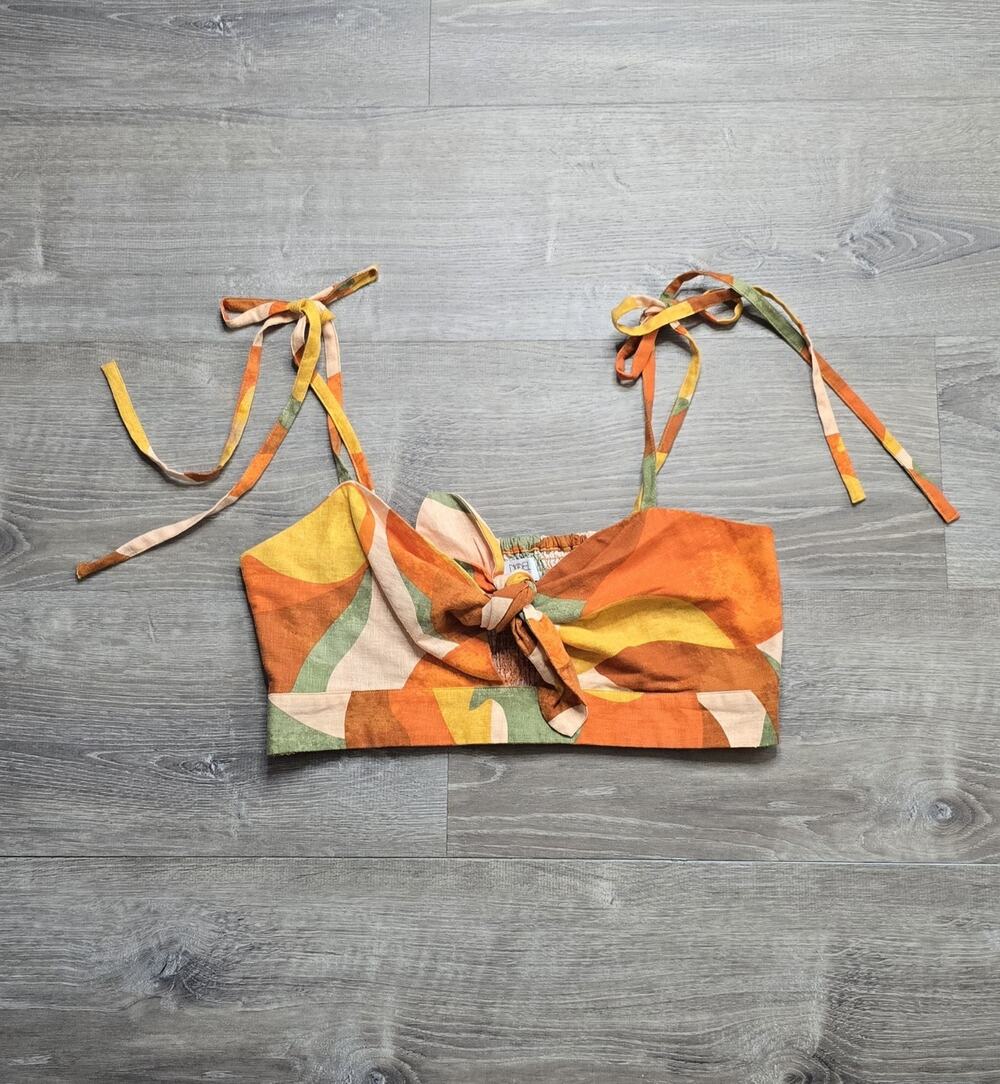 Noel XL Orange Green Yellow Tie Front Crop Top Linen Blend Vacation Summer